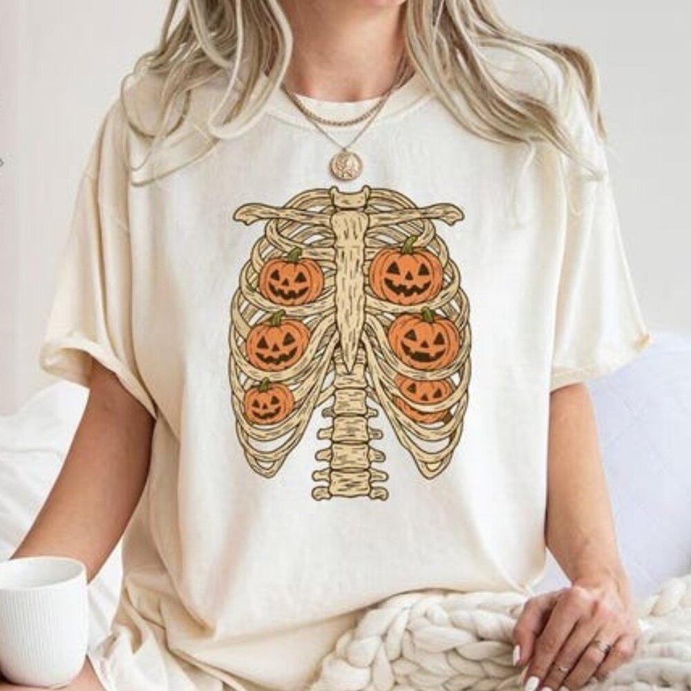 Retro Ribcage Pumpkins Shirt, Retro Halloween Shirt - Picture 1 of 4